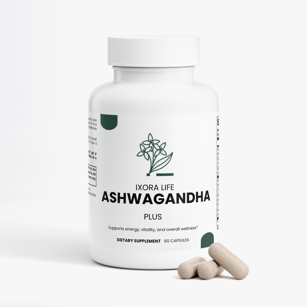 Ixora Life Ashwagandha Plus — bottle with beige capsules
