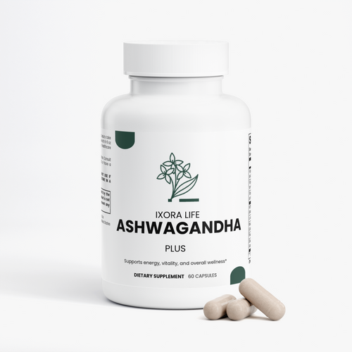 Ixora Life Ashwagandha Plus — bottle with beige capsules