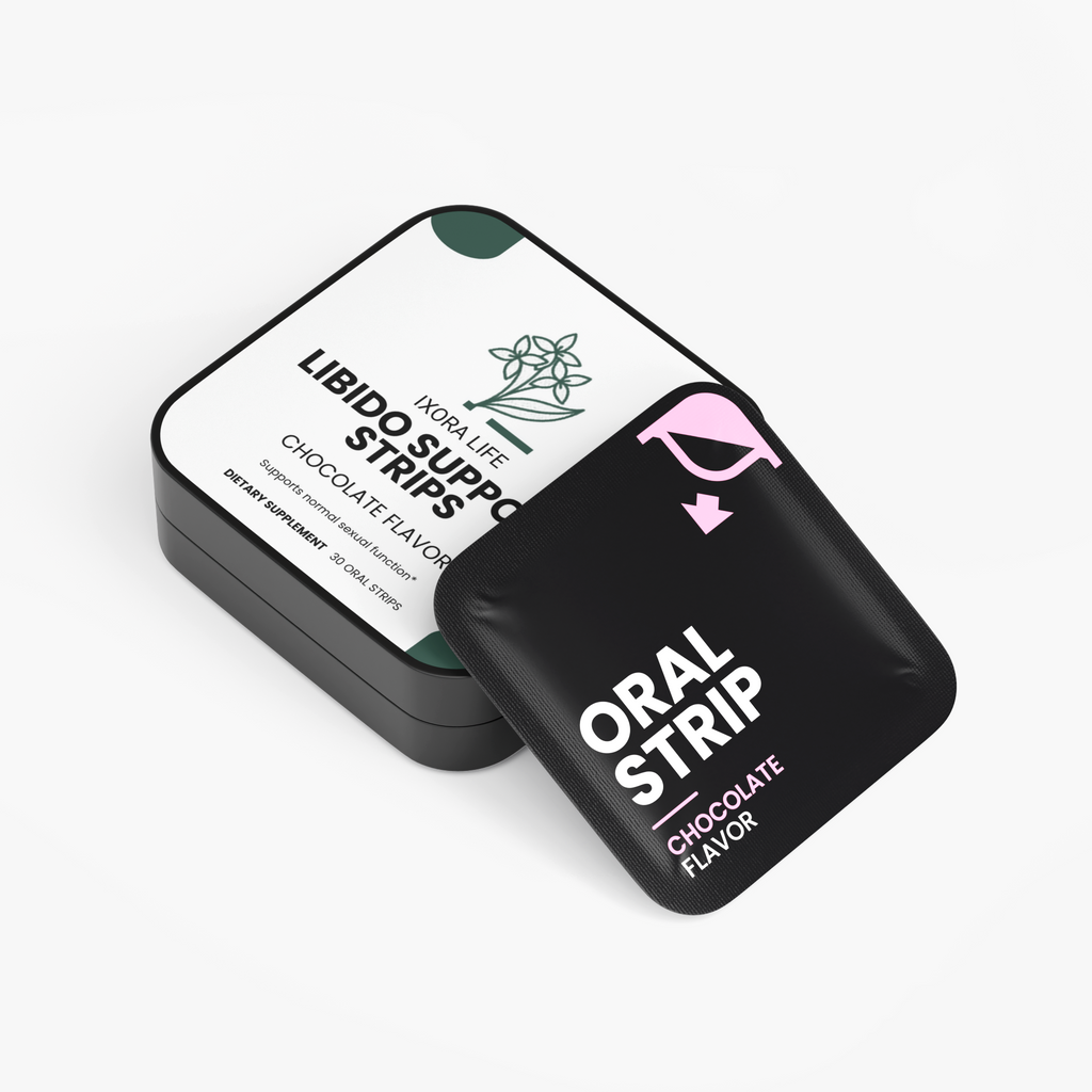 Ixora Life Libido Support Strips — tin with an individual chocolate packet