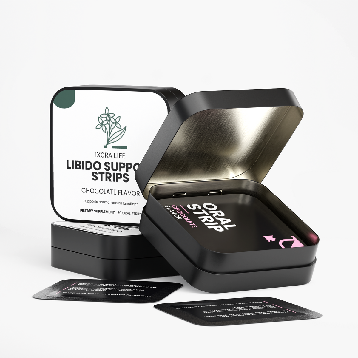 Ixora Life Libido Support Strips — open tin with individually wrapped strips