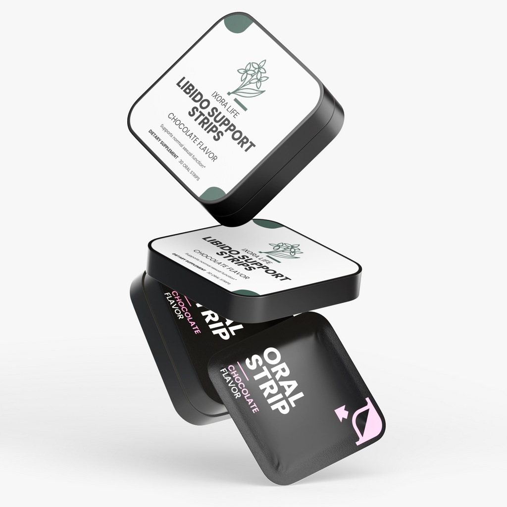 Ixora Life Libido Support Strips — arrangement of tins and a strip packet