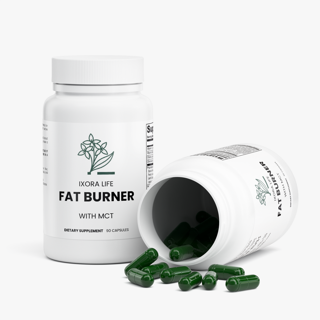 Ixora Life Fat Burner with MCT — open bottle with green capsules