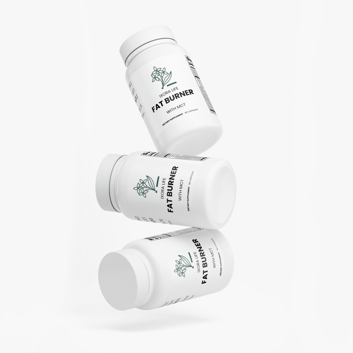 Ixora Life Fat Burner with MCT — arrangement of three supplement bottles