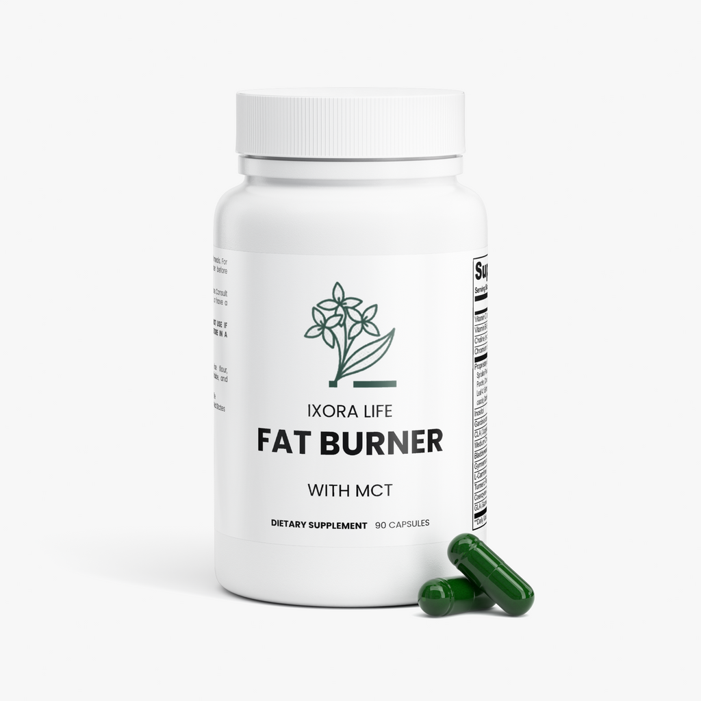Ixora Life Fat Burner with MCT — bottle with green capsules