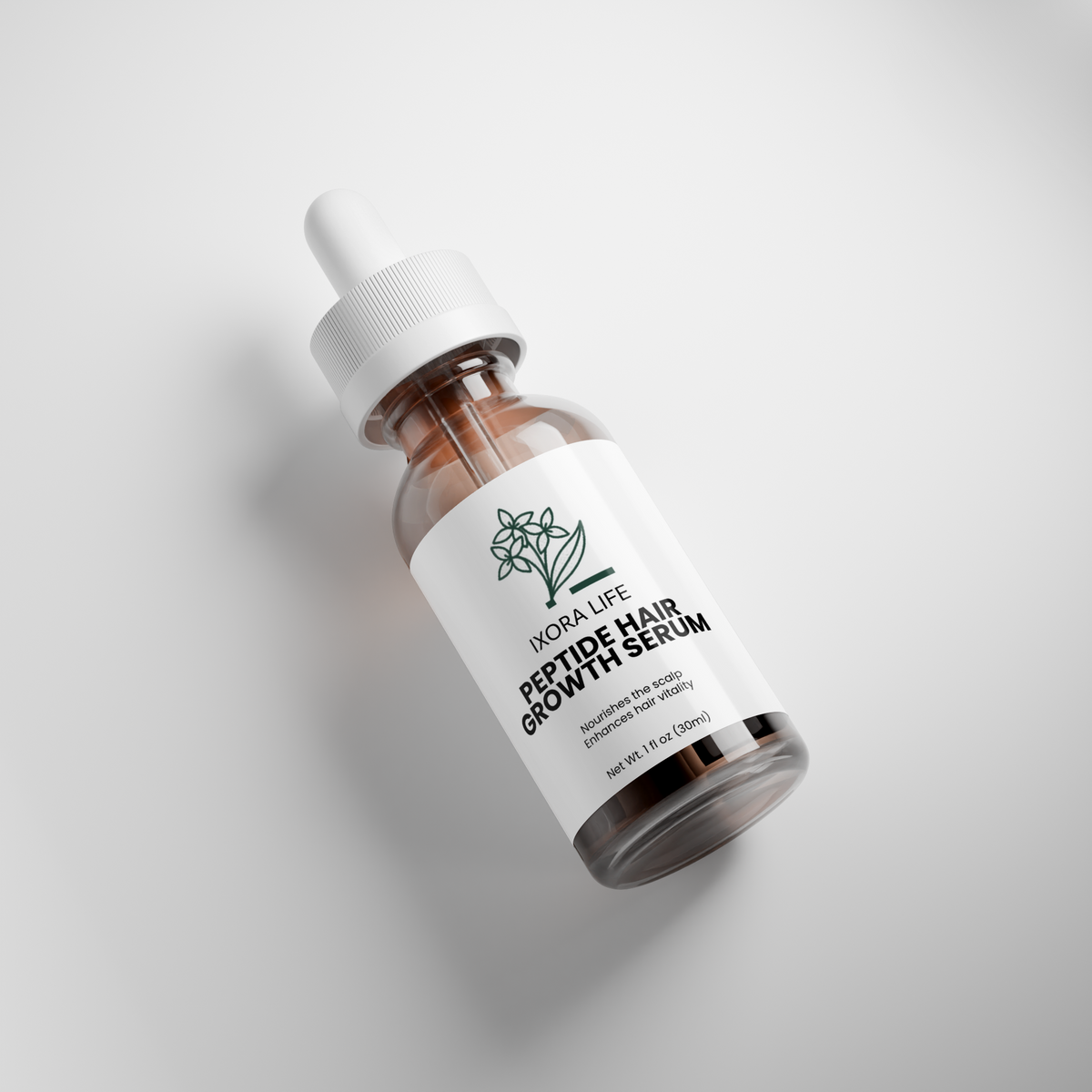 Ixora Life Peptide Hair Growth Serum — angled bottle showing the front label