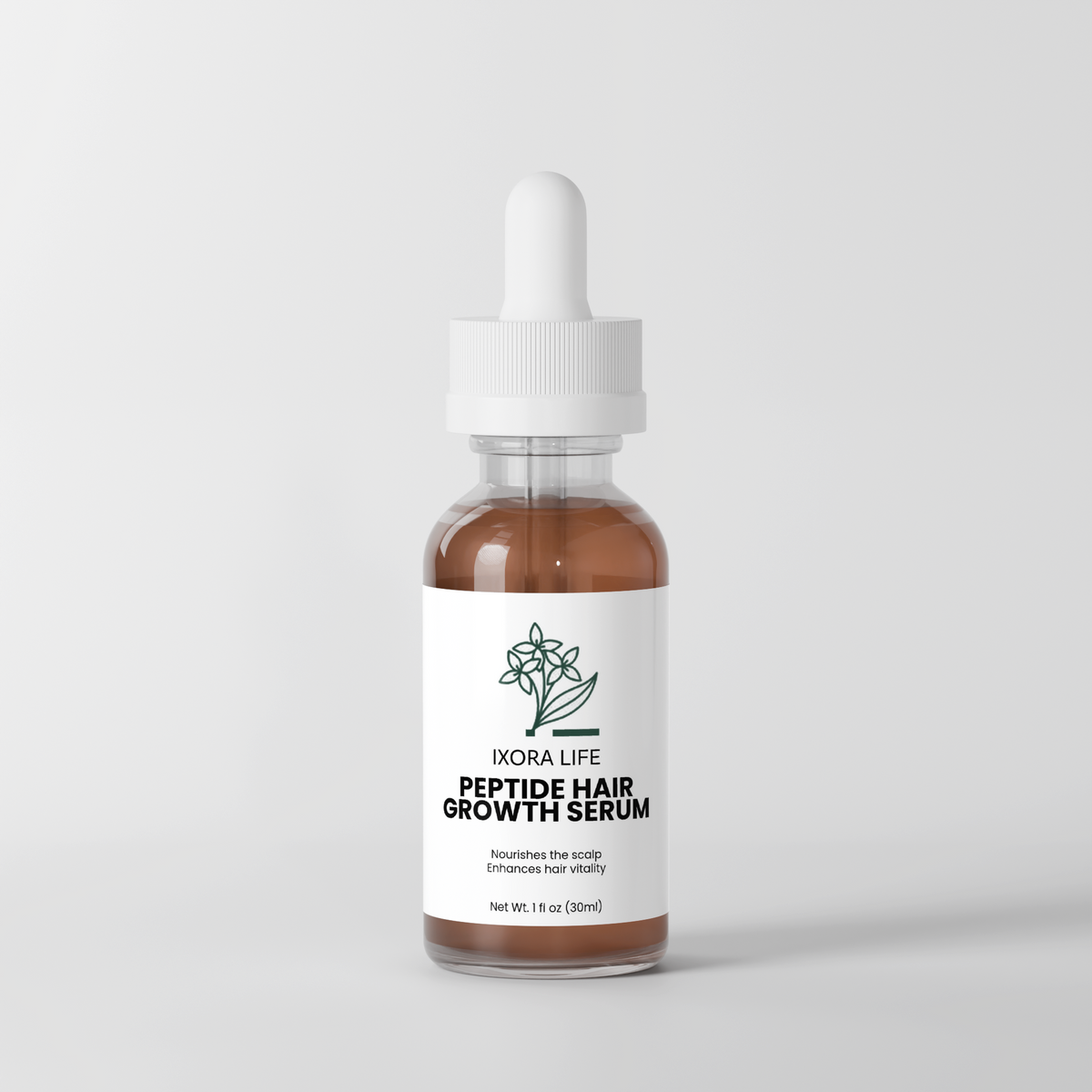 Ixora Life Peptide Hair Growth Serum — upright dropper bottle on a neutral background
