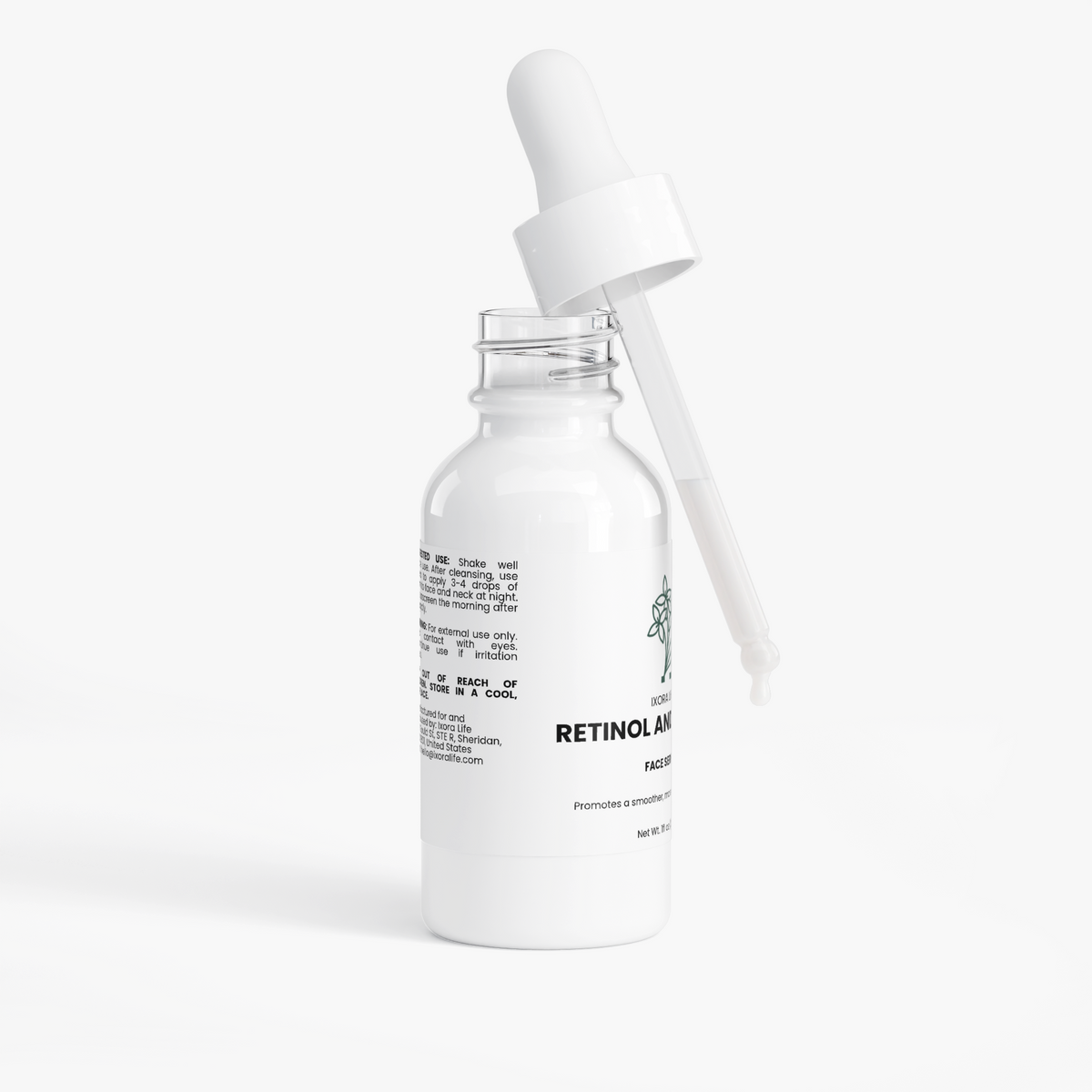 Ixora Life Retinol and Peptide Face Serum — open bottle with serum dropper
