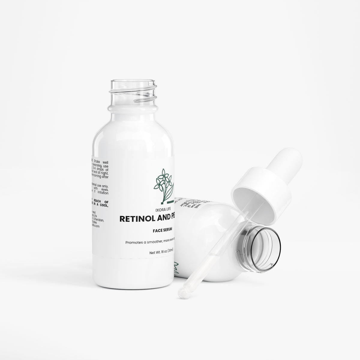 Ixora Life Retinol and Peptide Face Serum — two bottles with an open dropper
