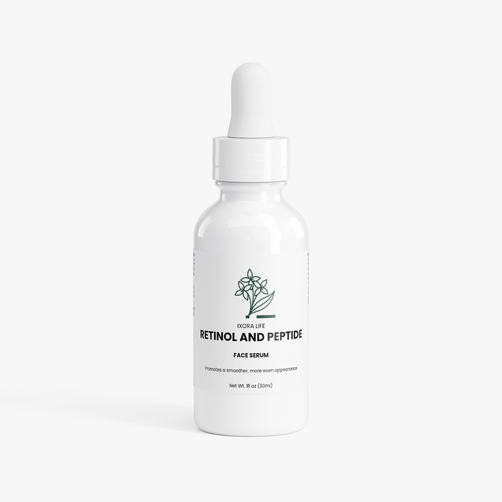 Ixora Life Retinol and Peptide Face Serum — front of the 30 ml white dropper bottle