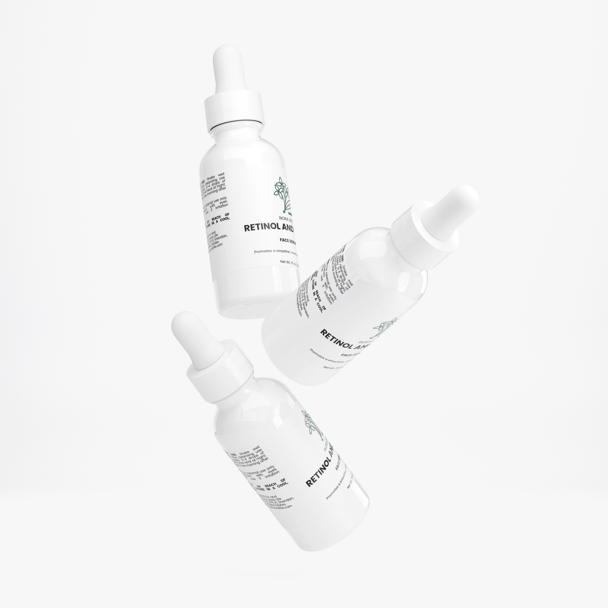 Ixora Life Retinol and Peptide Face Serum — arrangement of three white serum bottles