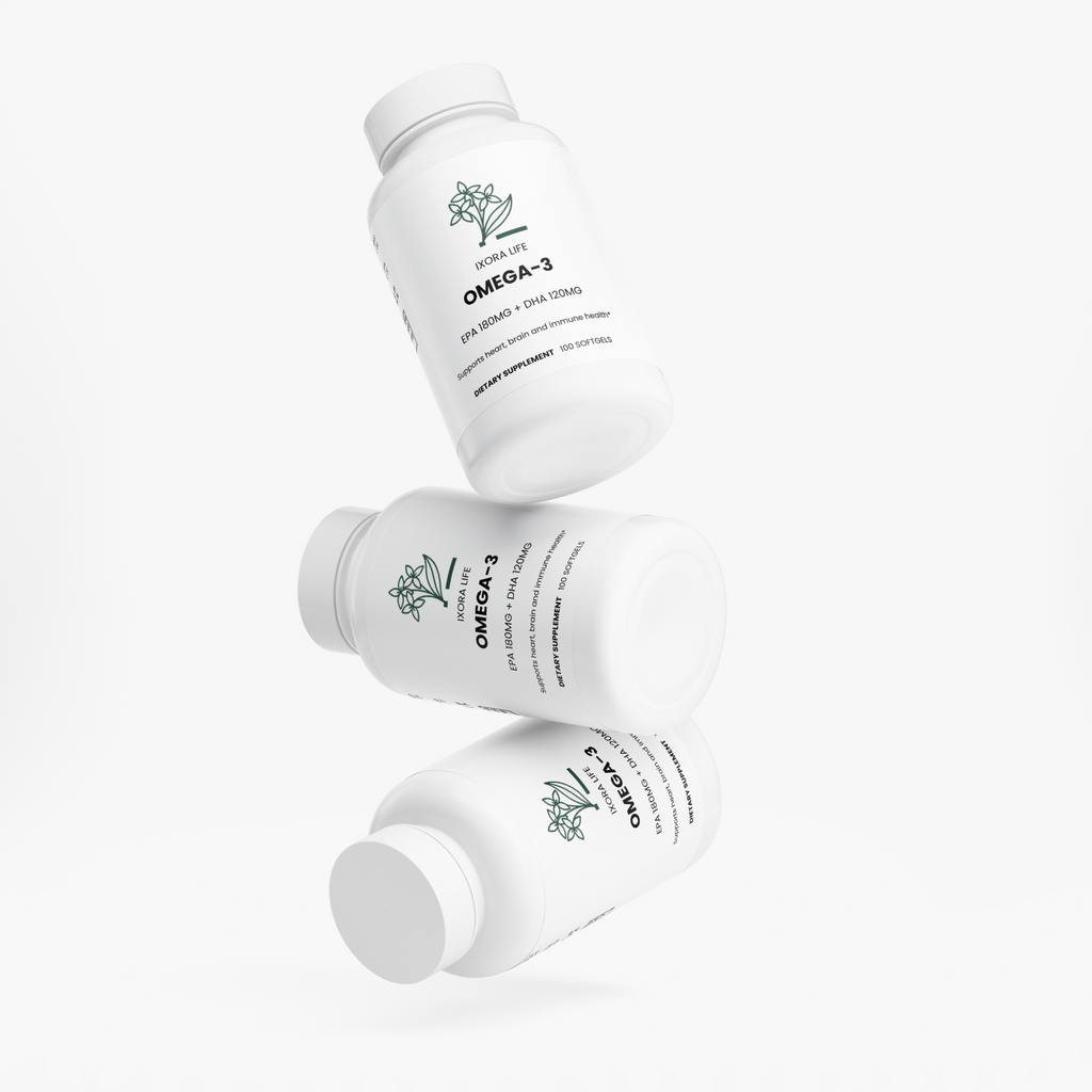 Ixora Life Omega-3 EPA 180mg + DHA 120mg — arrangement of three supplement bottles