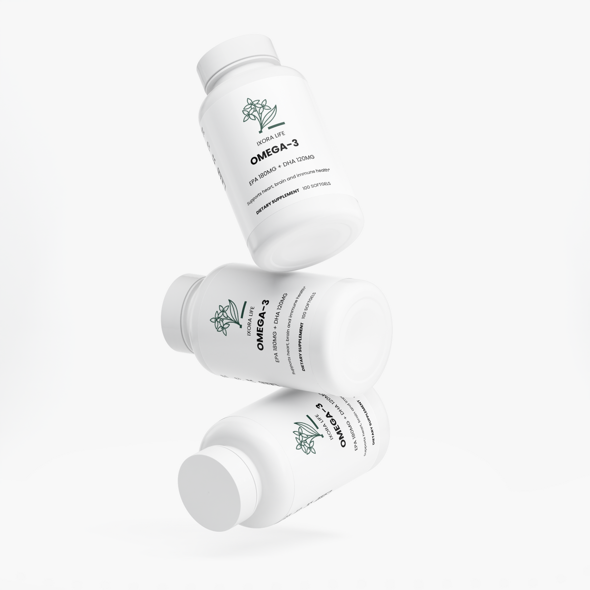 Ixora Life Omega-3 EPA 180mg + DHA 120mg — arrangement of three supplement bottles