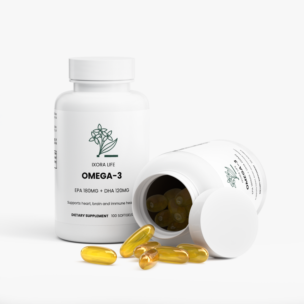 Ixora Life Omega-3 EPA 180mg + DHA 120mg — open bottle with fish oil softgels