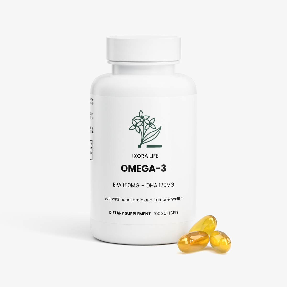 Ixora Life Omega-3 EPA 180mg + DHA 120mg — bottle with golden fish oil softgels