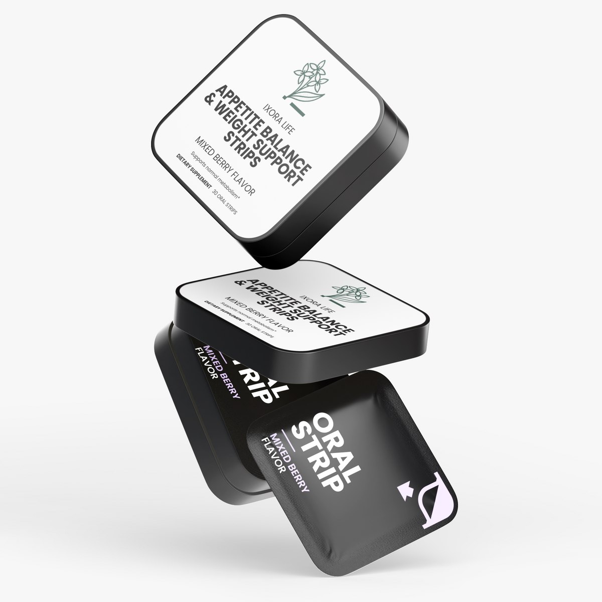 Ixora Life Appetite Balance & Weight Support Strips — arrangement of tins and a strip packet