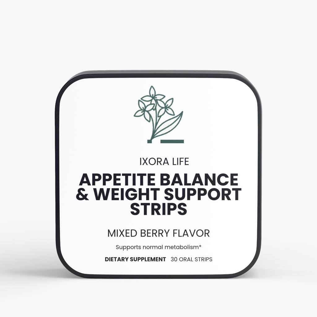 Ixora Life Appetite Balance & Weight Support Strips — front of the mixed berry strip tin
