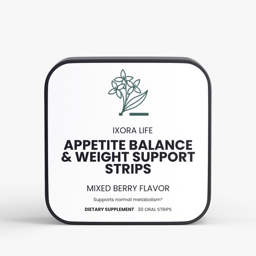 Ixora Life Appetite Balance & Weight Support Strips — front of the mixed berry strip tin