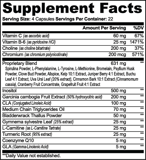 Ixora Life Fat Burner with MCT — Supplement Facts for a four-capsule serving