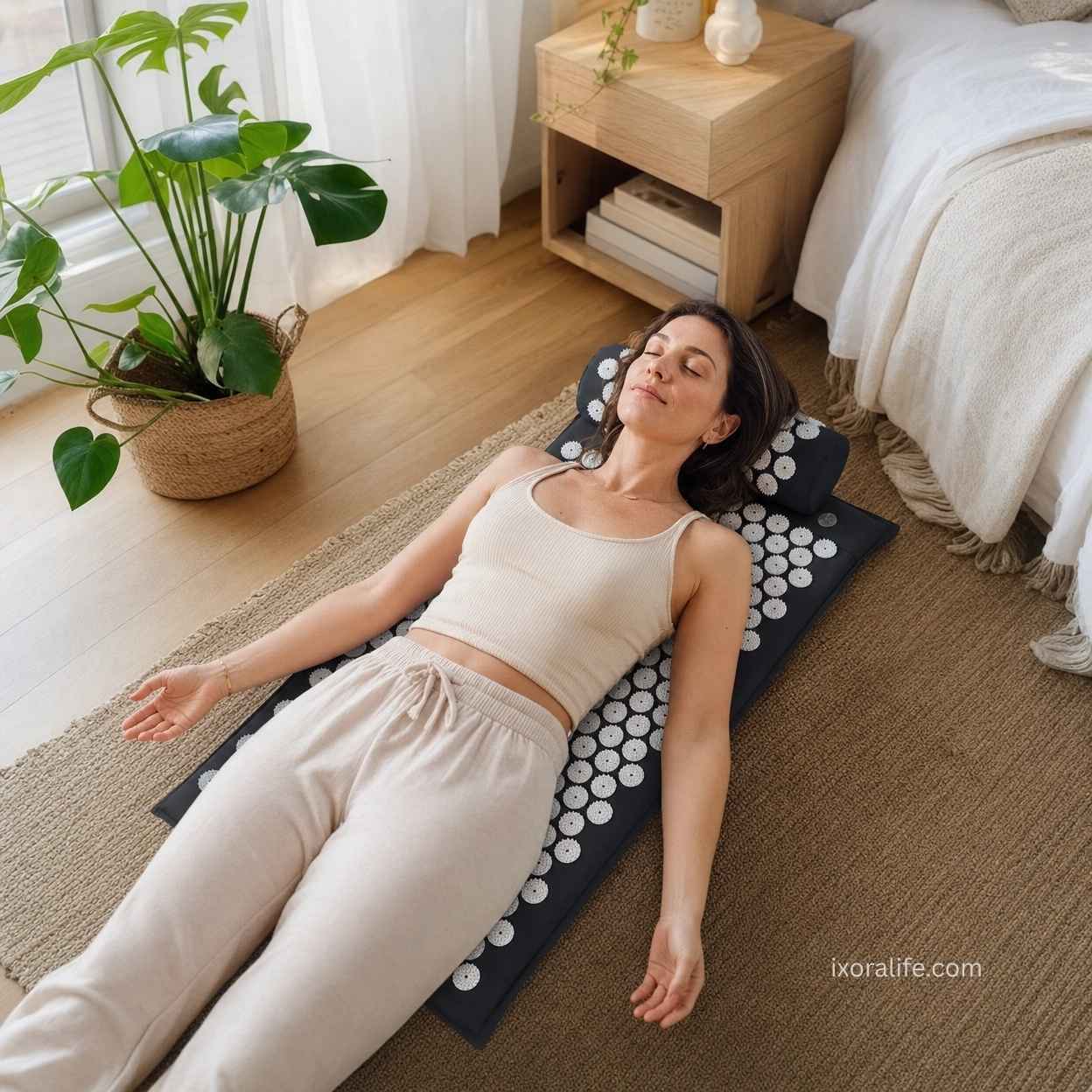 Woman relaxing on acupressure mat for comfort and wellness