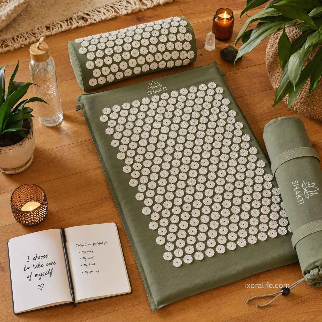 Acupressure mat and pillow set with wellness accessories for complete ritual