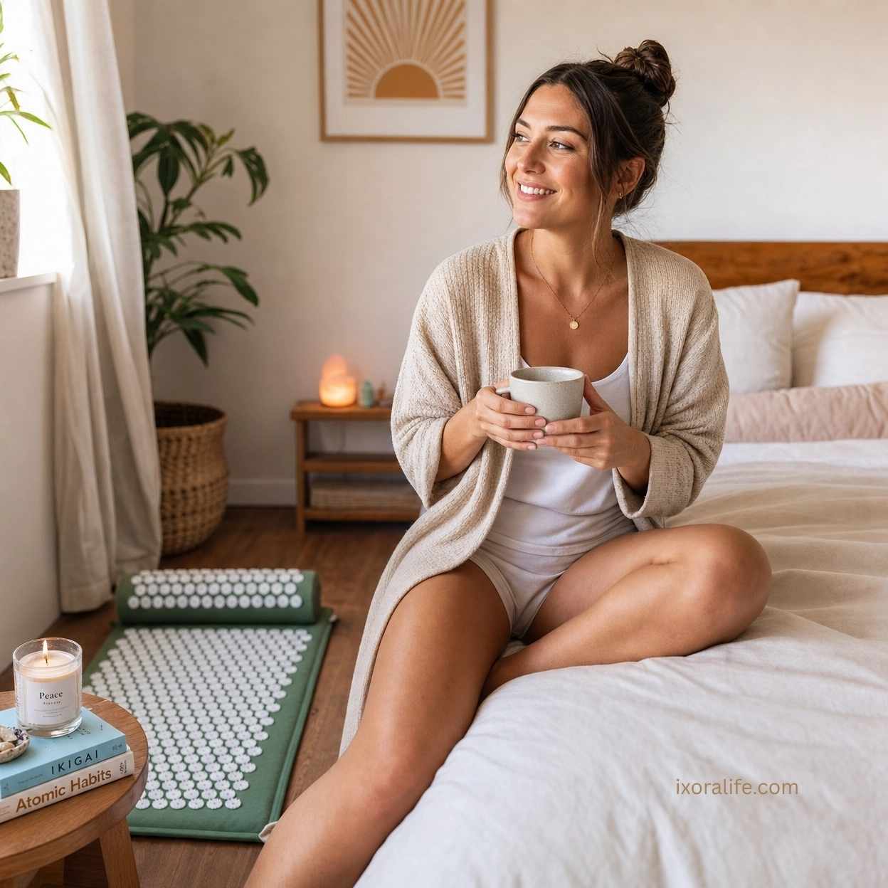 Woman enjoying morning wellness routine with acupressure mat