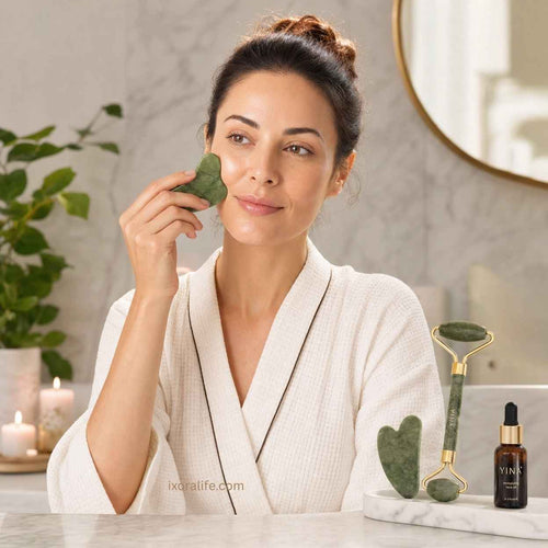 Woman using gua sha jade roller for facial massage and skin rejuvenation