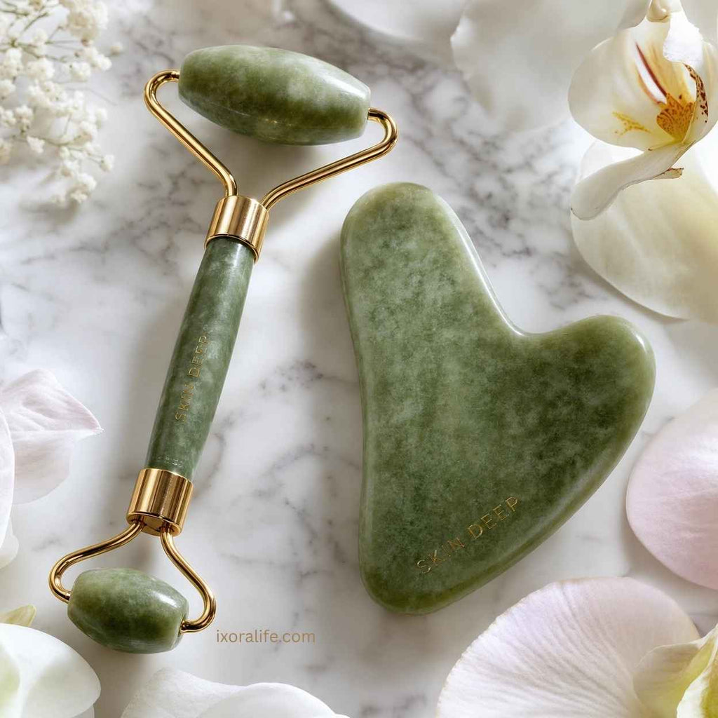 Jade roller and gua sha stone tools on marble surface showing product quality