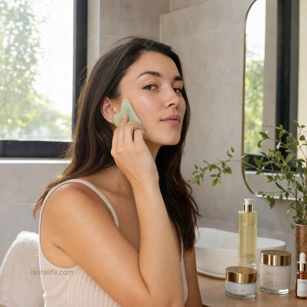 Woman using gua sha during morning skincare routine for facial wellness