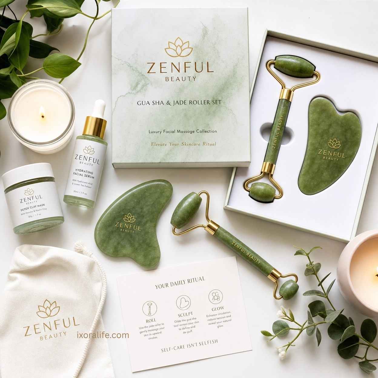 Complete gua sha jade roller set with skincare products and accessories flat lay