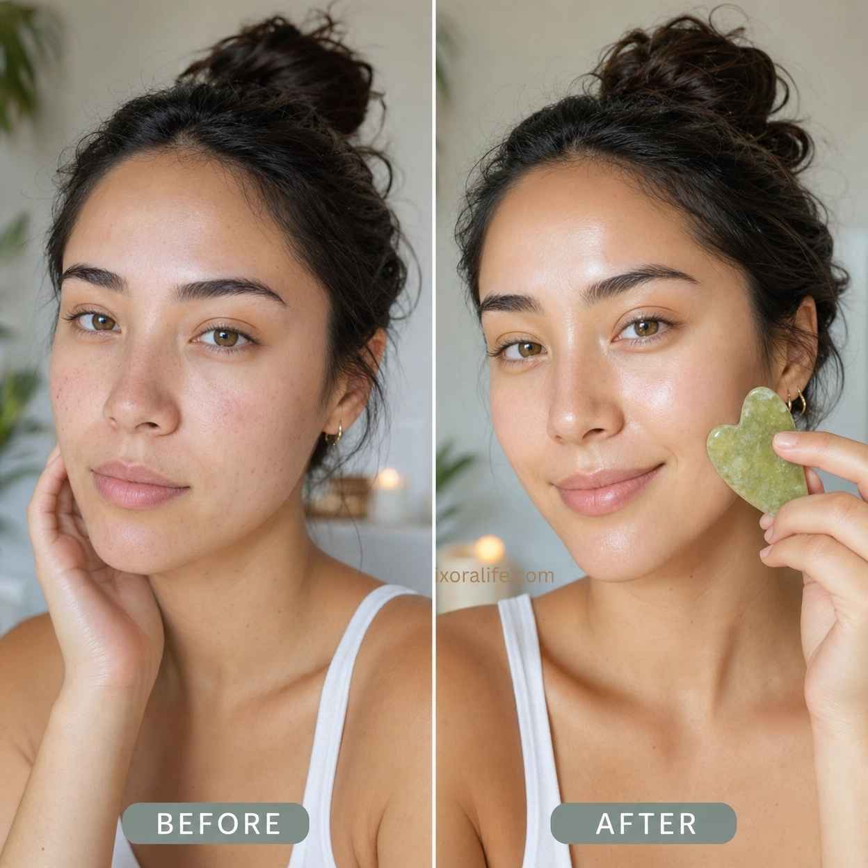 Woman showing radiant glowing skin after using gua sha jade roller facial massage