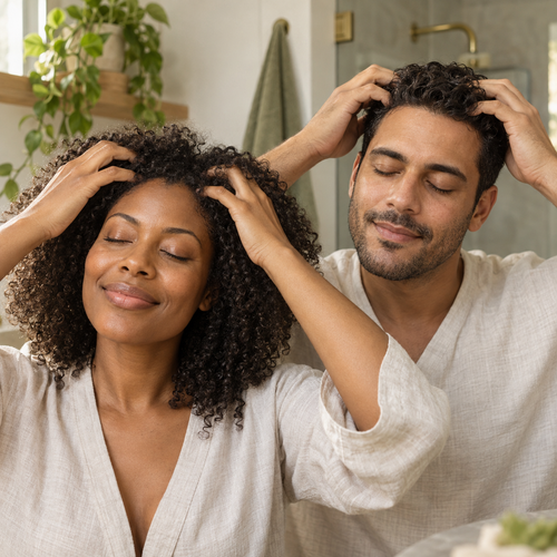 Illustrative scalp-care routine with AI-created adult woman and man for Ixora Life Botanical Hair Growth Serum