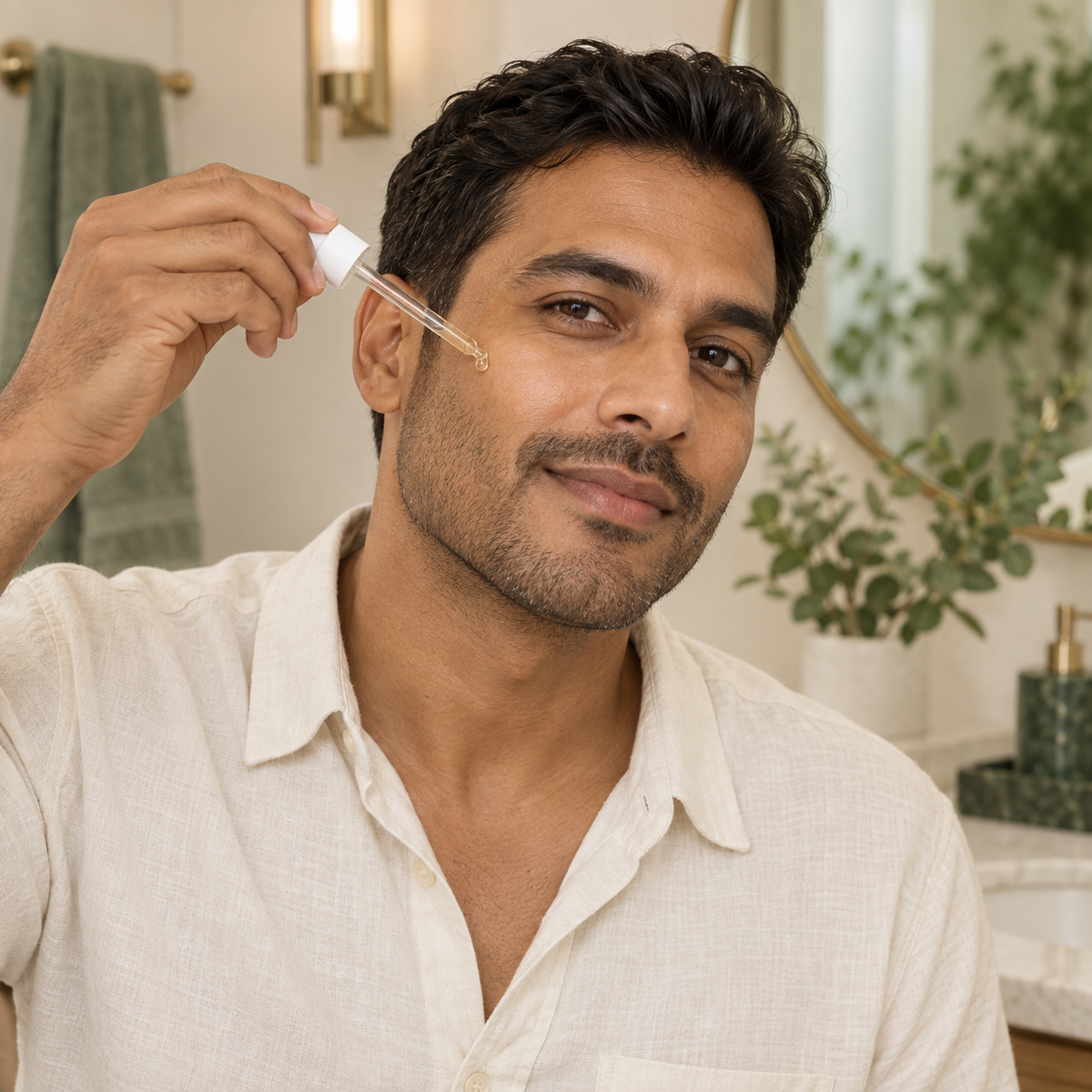 Illustrative skincare routine: an AI-created male model holding a facial serum dropper beside his cheek for Ixora Life Retinol and Peptide Face Serum