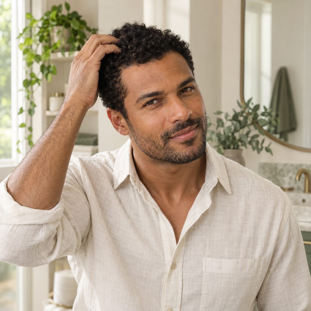 Illustrative scalp-care routine: an AI-created male model gently massaging his scalp for Ixora Life Peptide Hair Growth Serum