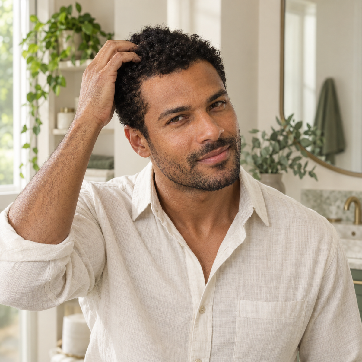Illustrative scalp-care routine: an AI-created male model gently massaging his scalp for Ixora Life Peptide Hair Growth Serum