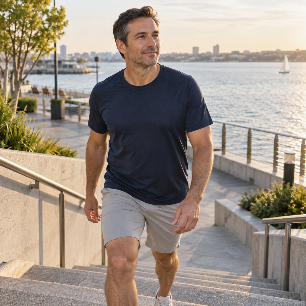 A man walking up outdoor steps beside the water; AI-created active-lifestyle illustration for Ixora Life Fat Burner with MCT