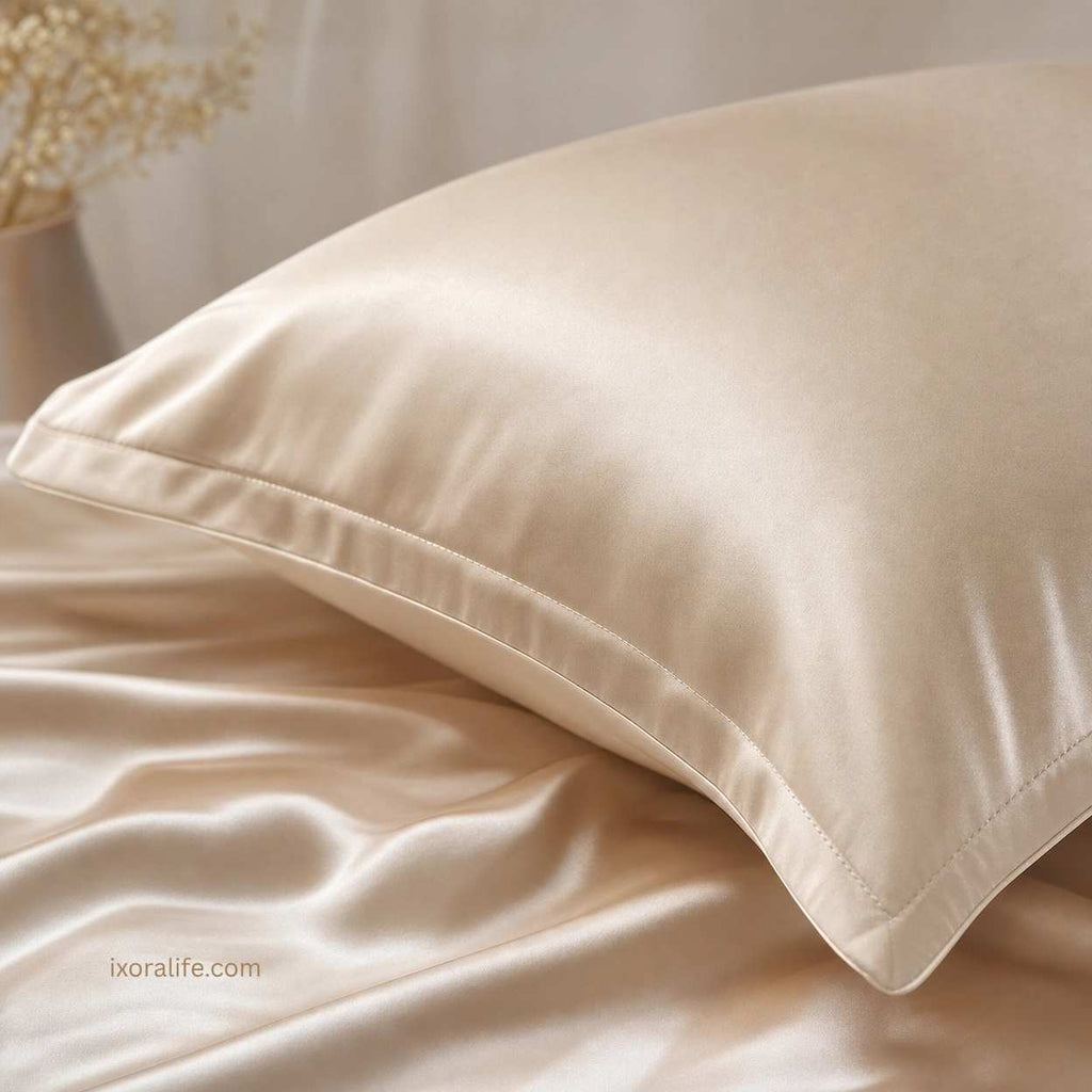 Close-up of smooth luxury silk pillowcase fabric texture showing premium quality