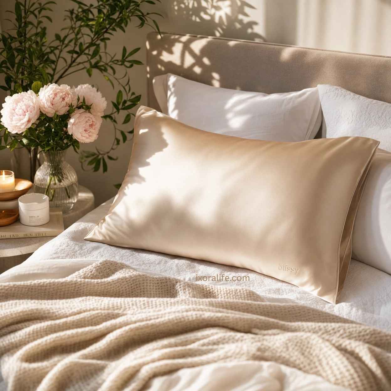 Silk pillowcase on luxury bed with premium bedding styling and bedroom decor