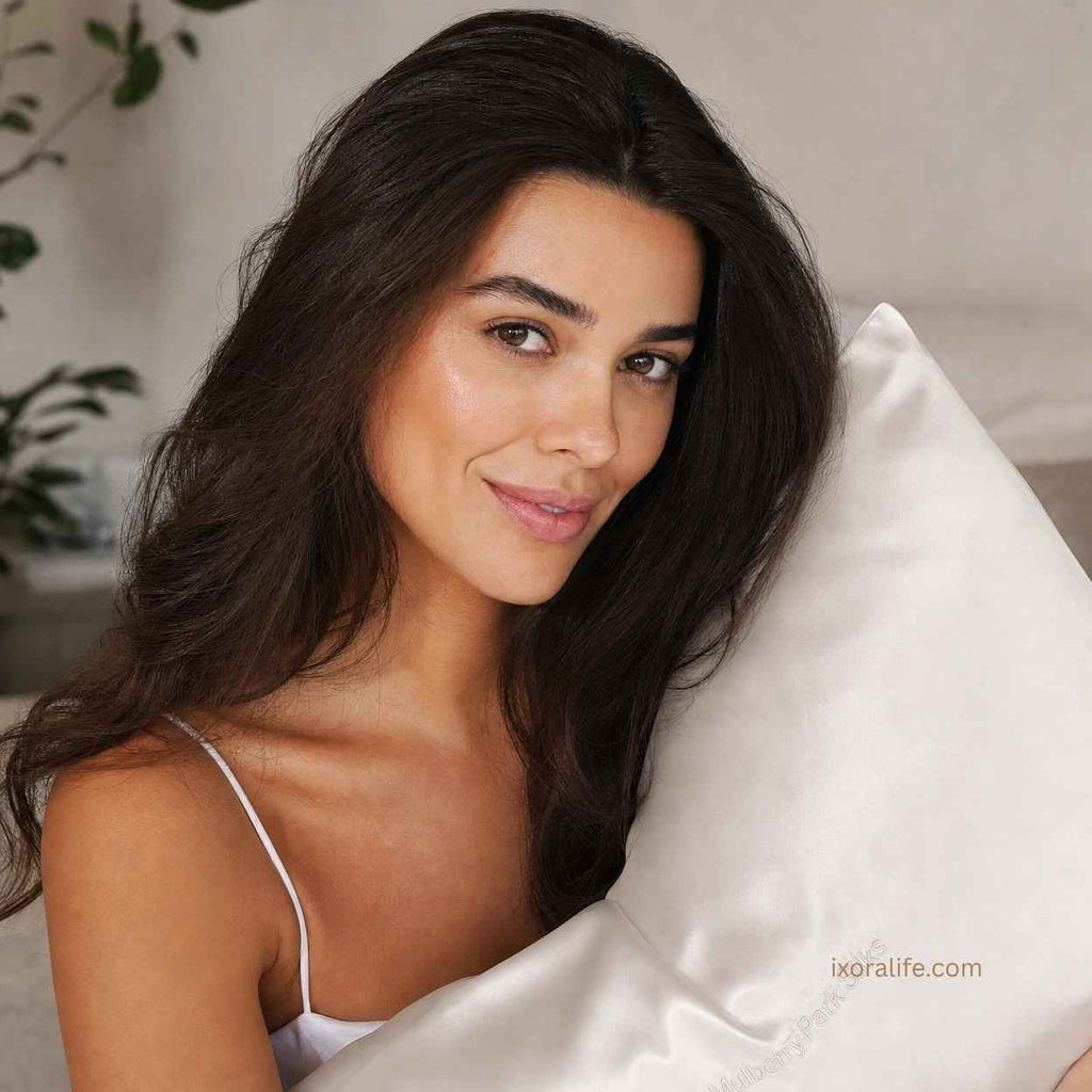 Woman showing healthy shiny hair and glowing skin from using silk pillowcase