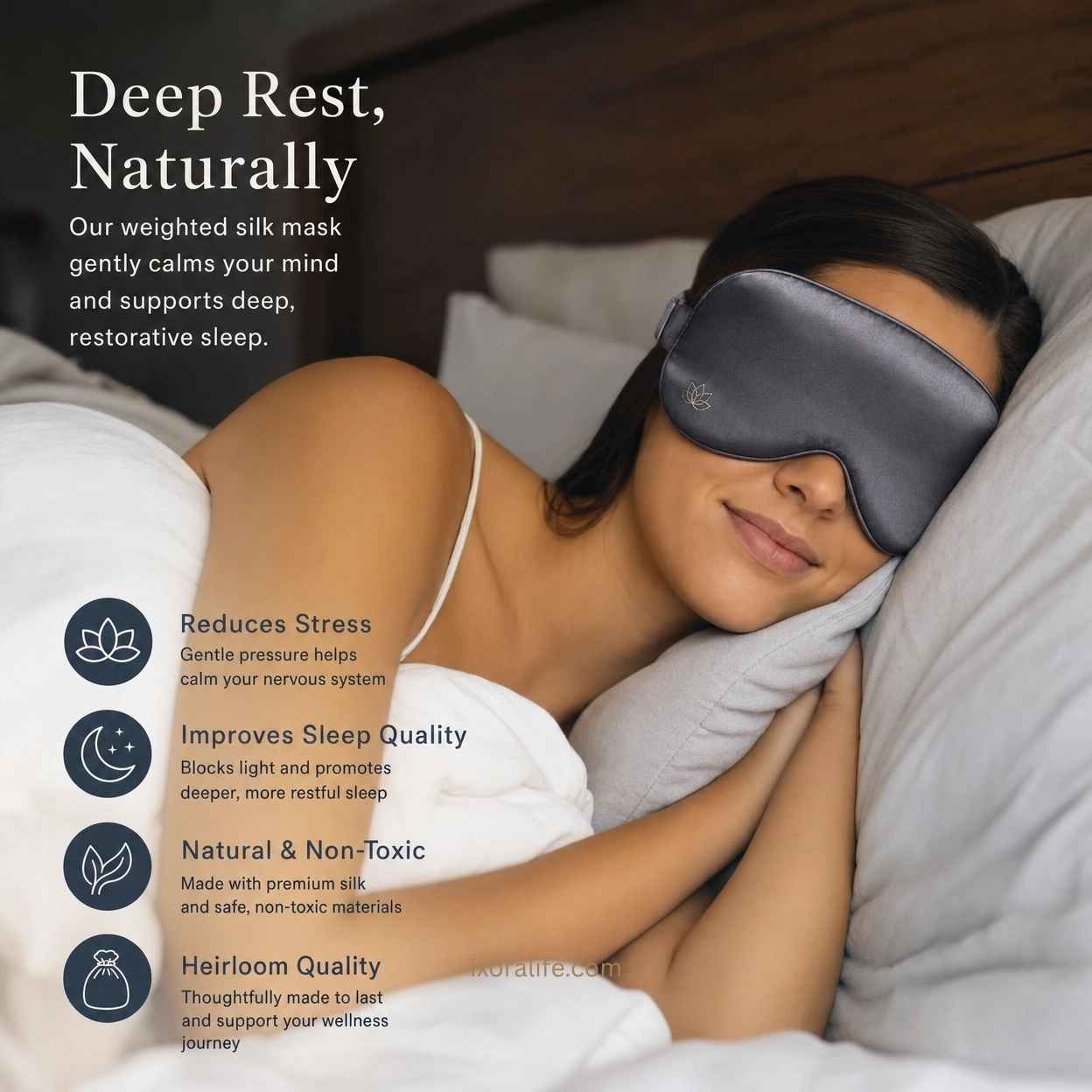 Woman wearing weighted silk sleep mask for comfortable sleep