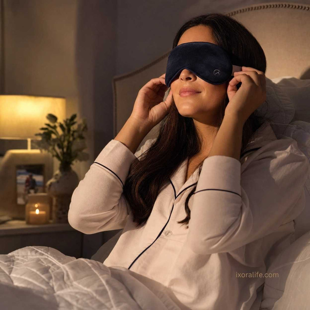 Woman putting on weighted silk sleep mask for bedtime routine
