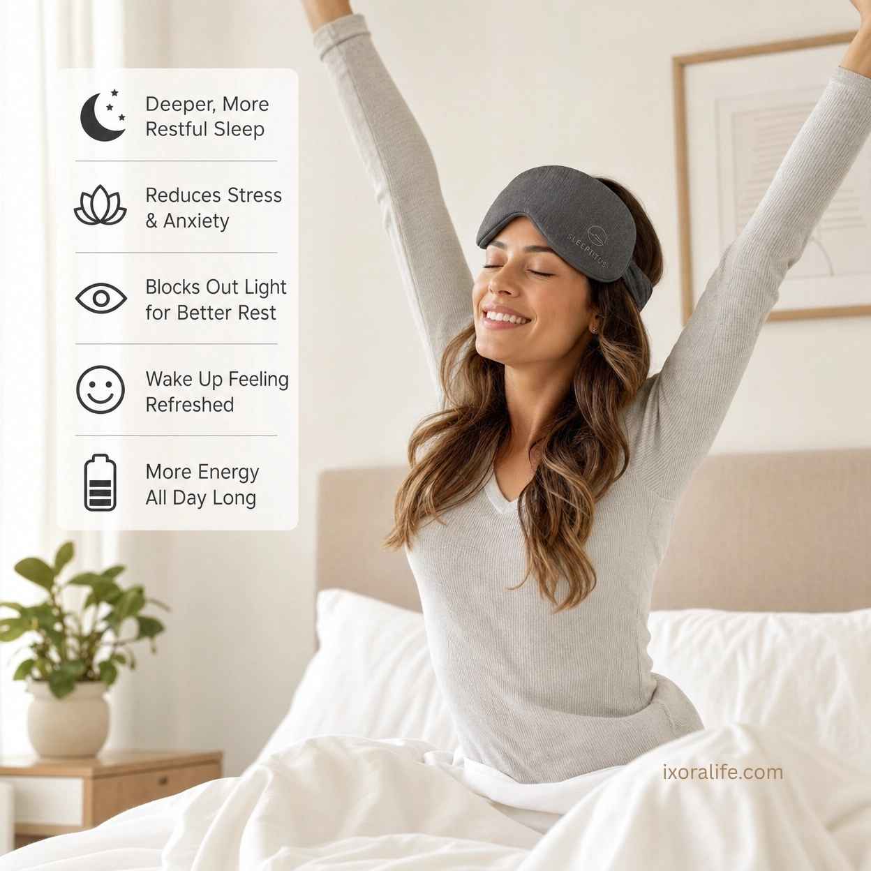 Woman waking up refreshed and ready after using weighted silk sleep mask