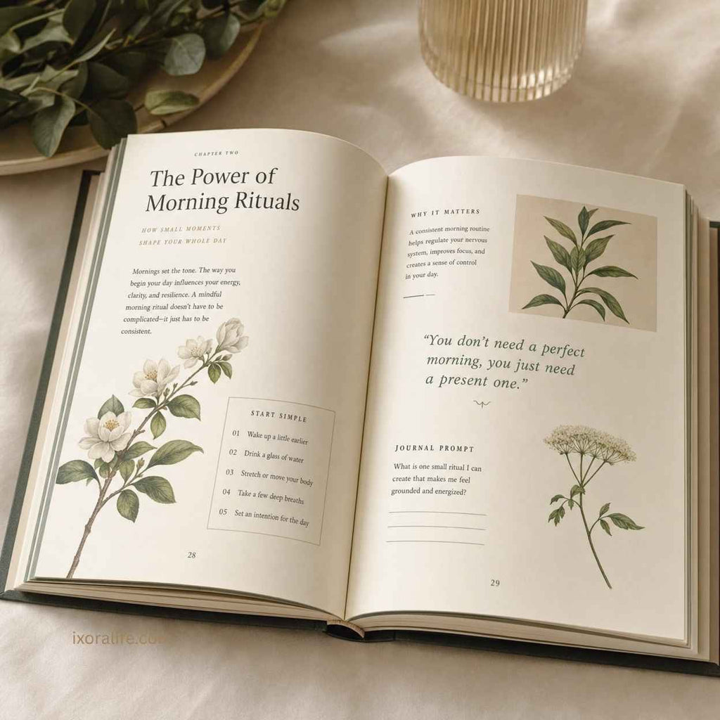 Wellness guide book open showing interior pages with beautiful typography and botanical illustrations