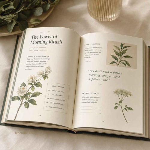 Wellness guide book open showing interior pages with beautiful typography and botanical illustrations