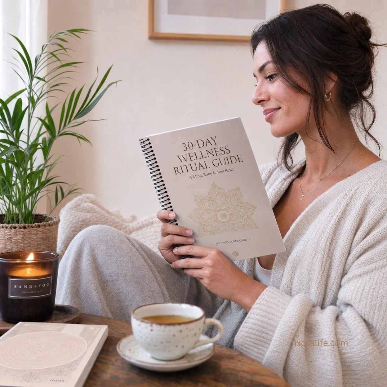 Woman reading 30-Day Wellness Ritual Guide in cozy setting with tea and candles