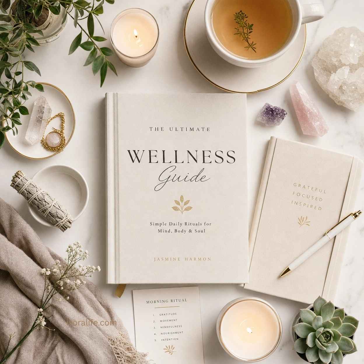 Wellness guide with tea cup candles crystals plants and journal flat lay styling