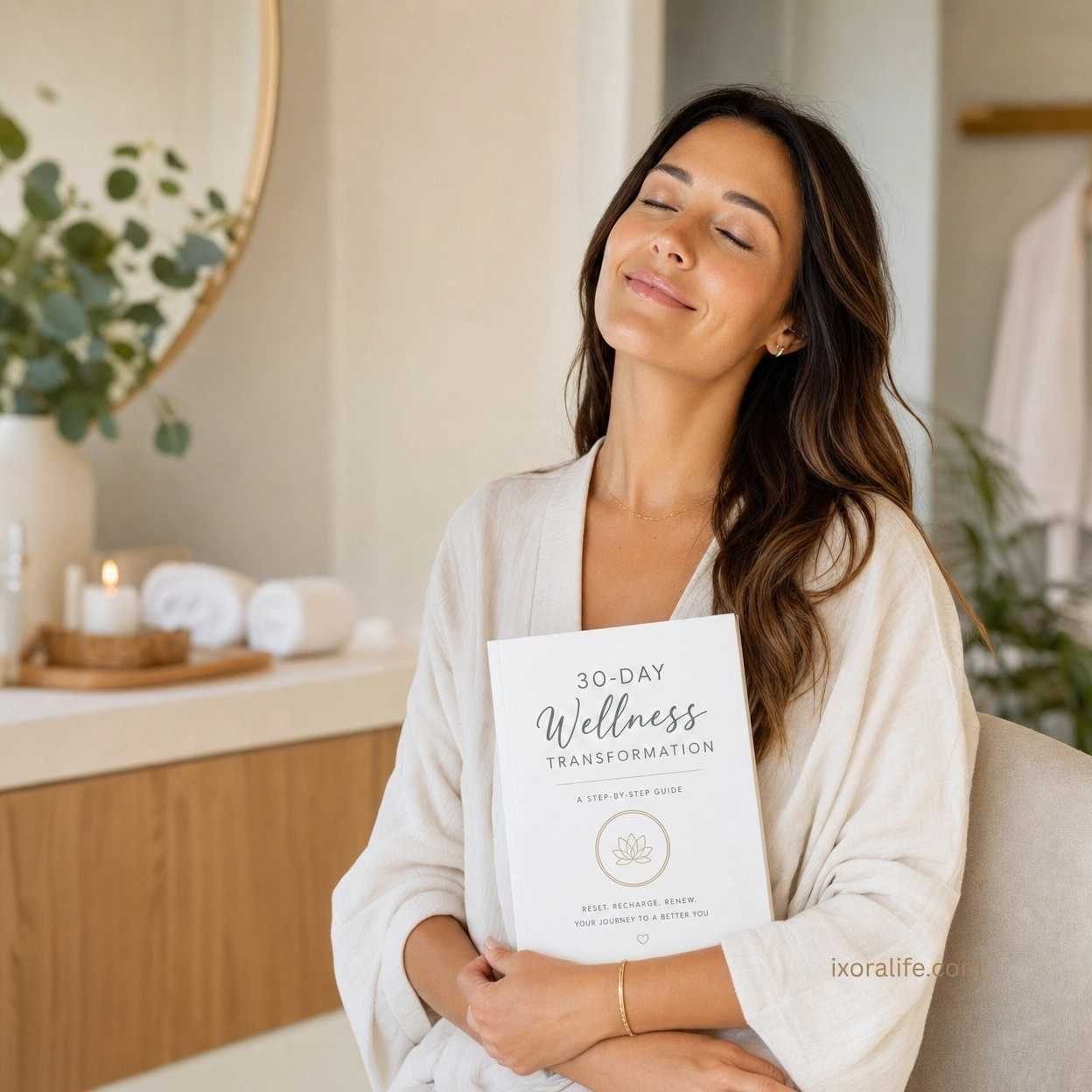 Woman holding wellness guide with peaceful expression embodying wellness transformation
