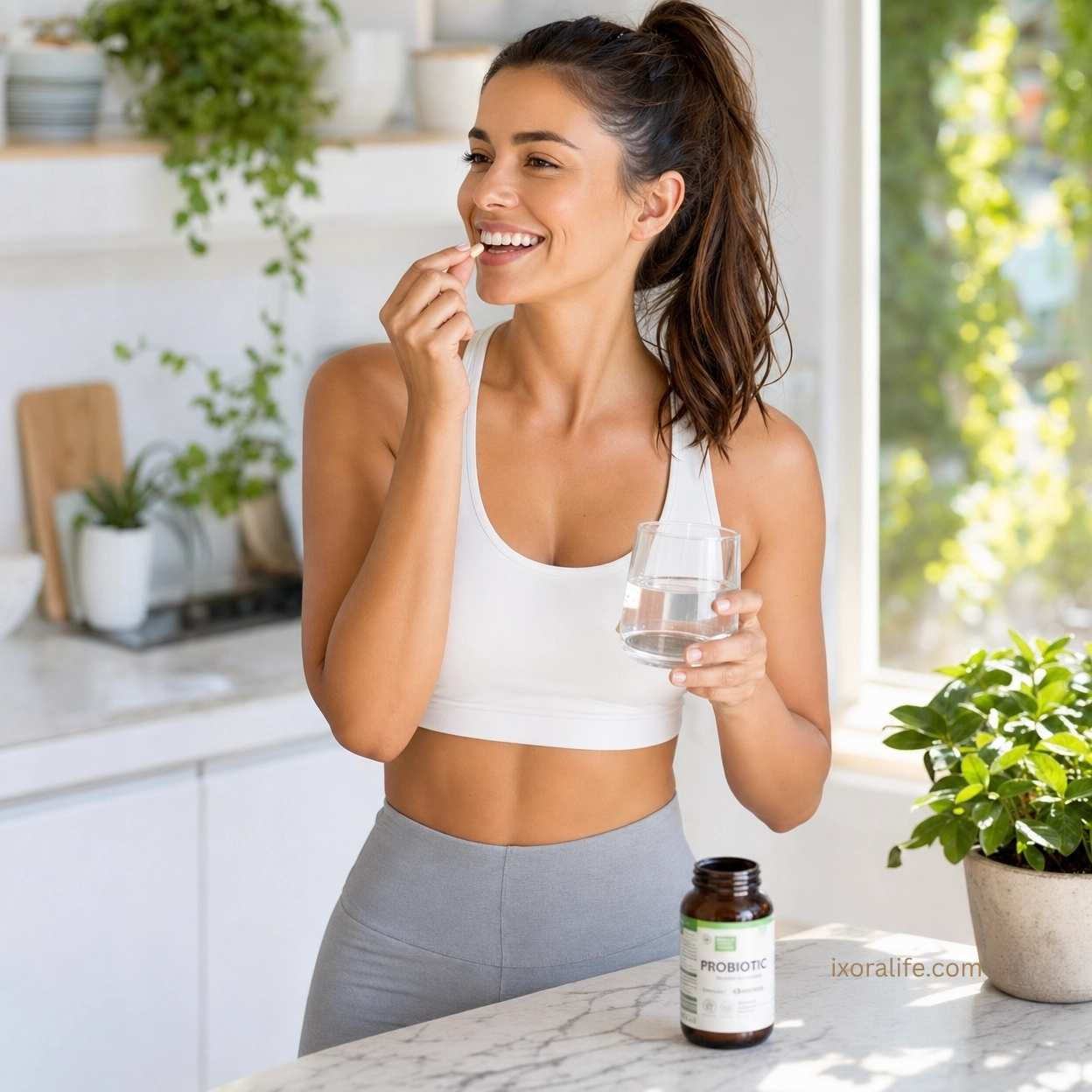 Woman taking women's probiotic supplement for daily wellness
