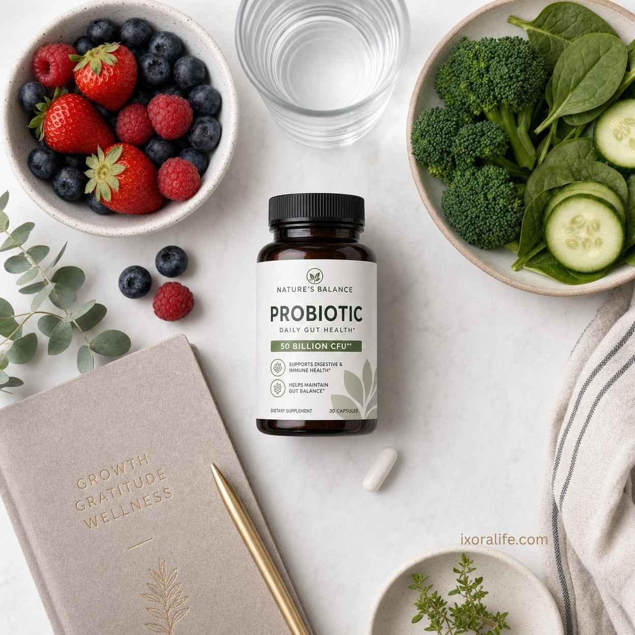 Women's probiotic with healthy foods for complete wellness routine