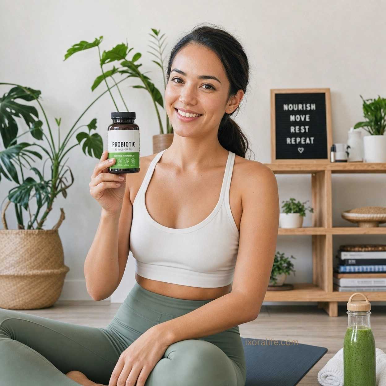 Woman with probiotic supplement in wellness-focused lifestyle