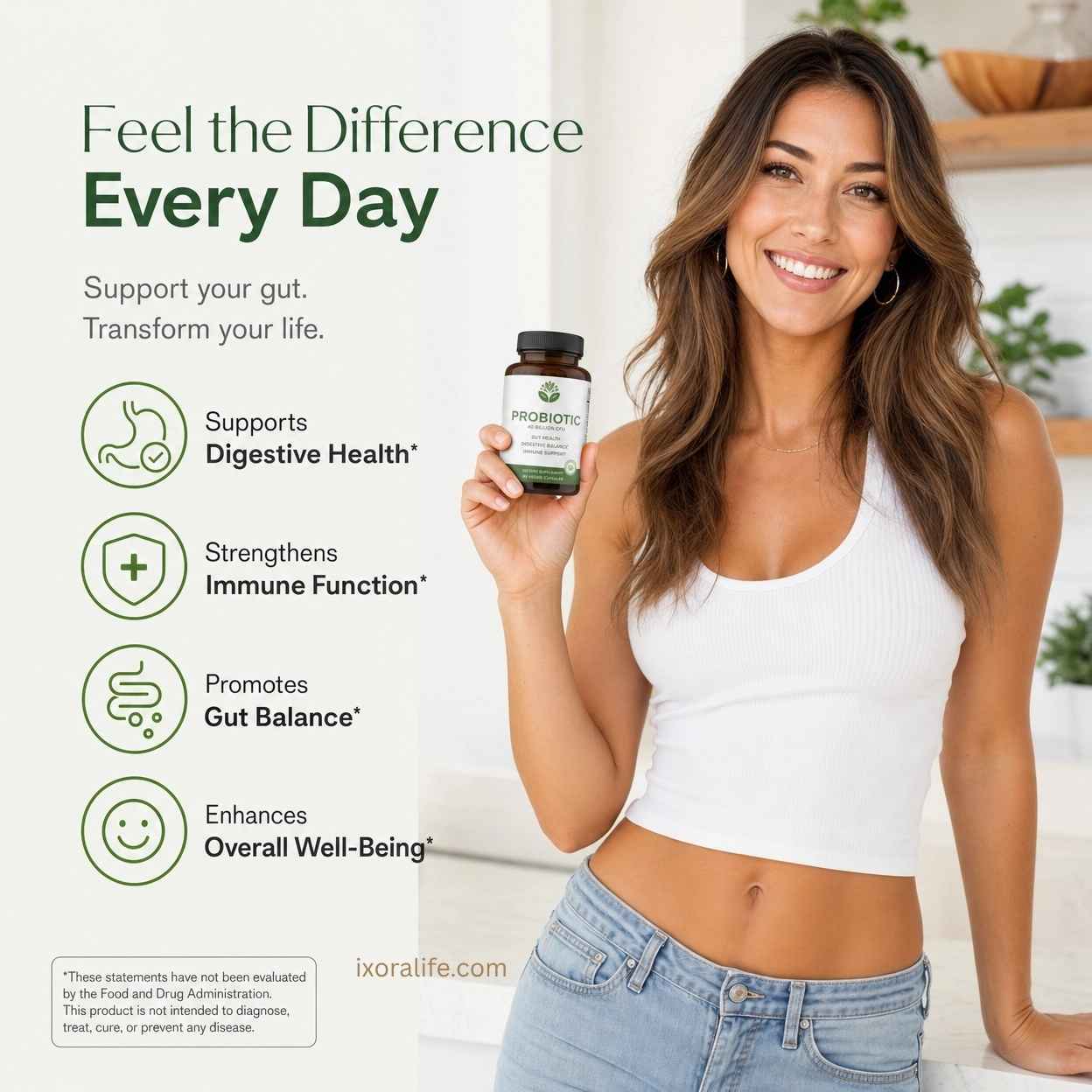 Woman enjoying daily wellness routine with probiotic supplement